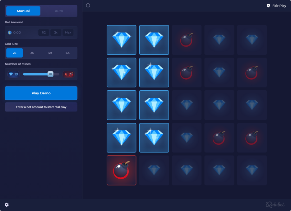 Mines Game interface showing a grid with revealed tiles and mines